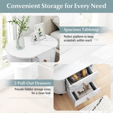 2-Drawer Nightstand Modern Faux Marble Bedside Table with Storage-White Costway