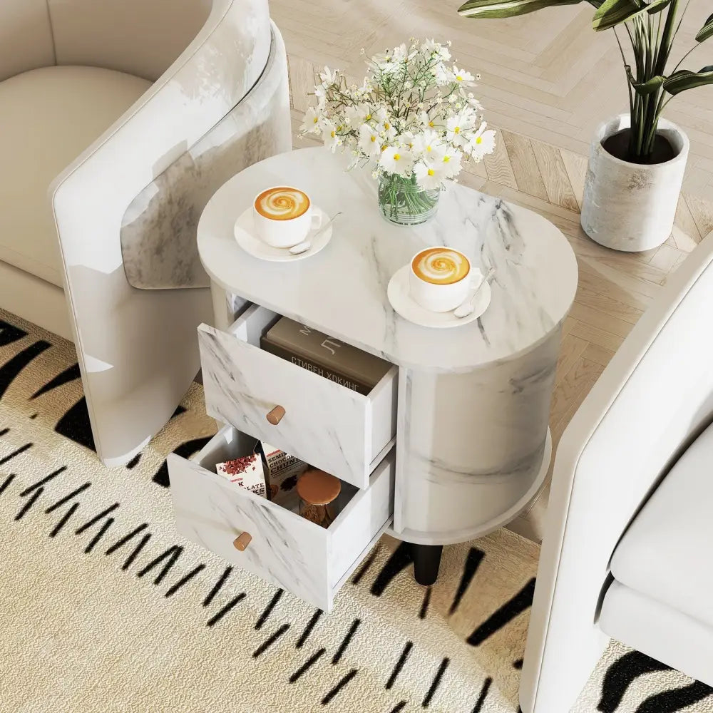 2-Drawer Nightstand Modern Faux Marble Bedside Table with Storage-White Costway