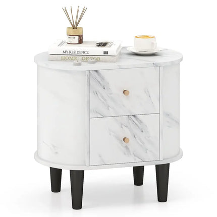 2-Drawer Nightstand Modern Faux Marble Bedside Table with Storage-White Costway
