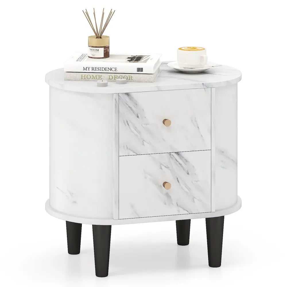2-Drawer Nightstand Modern Faux Marble Bedside Table with Storage-White Costway