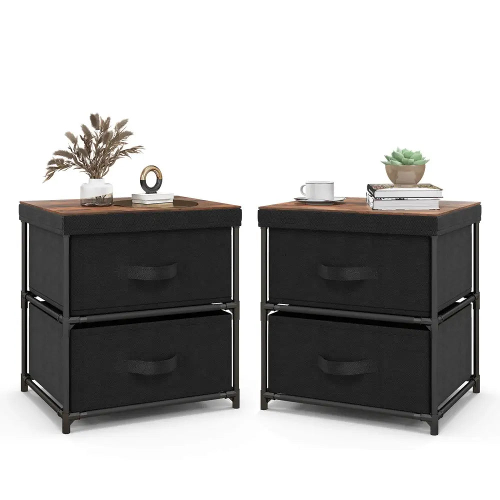 2-Drawer Nightstand with Removable Fabric Bins and Pull Handles-Black Costway