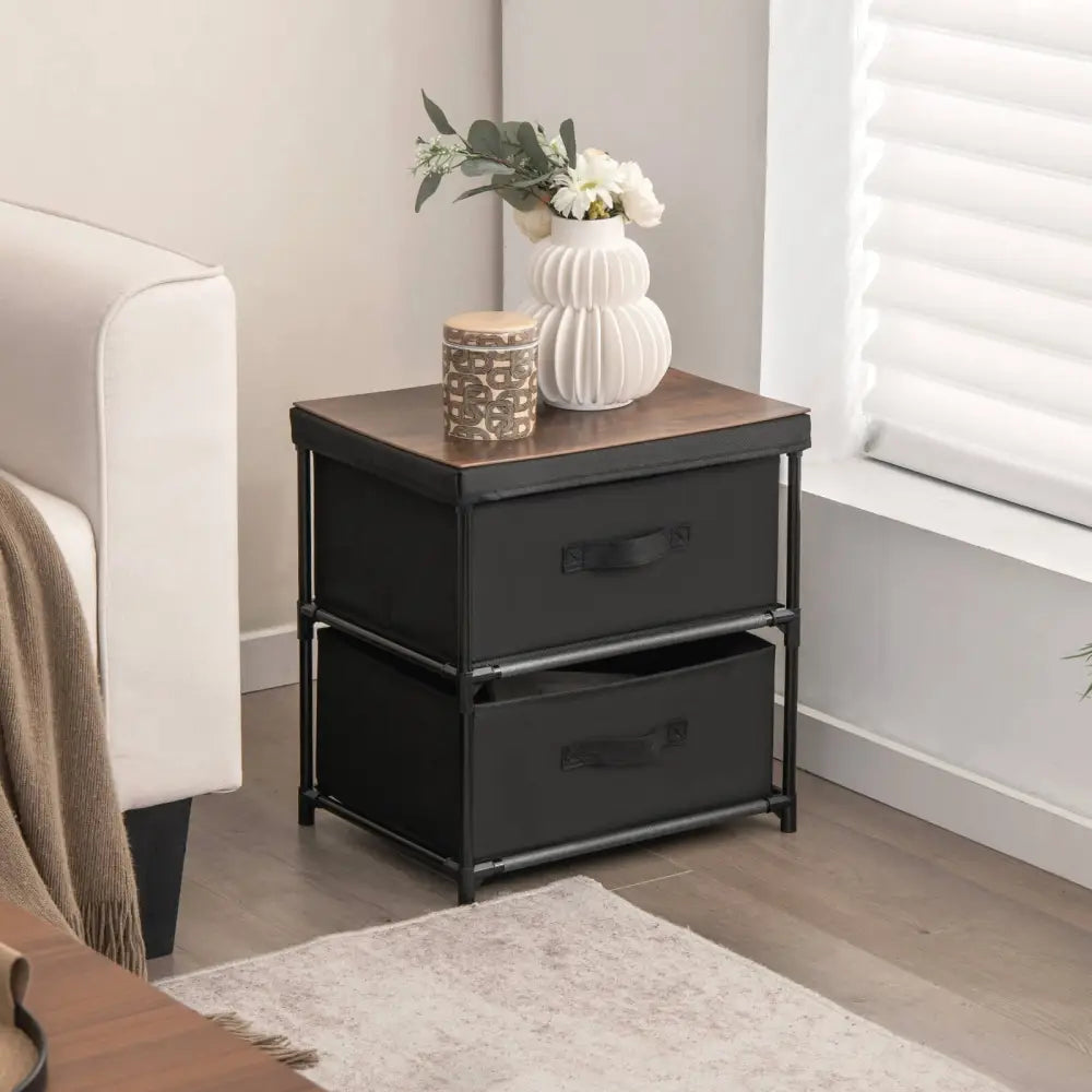2-Drawer Nightstand with Removable Fabric Bins and Pull Handles-Black Costway