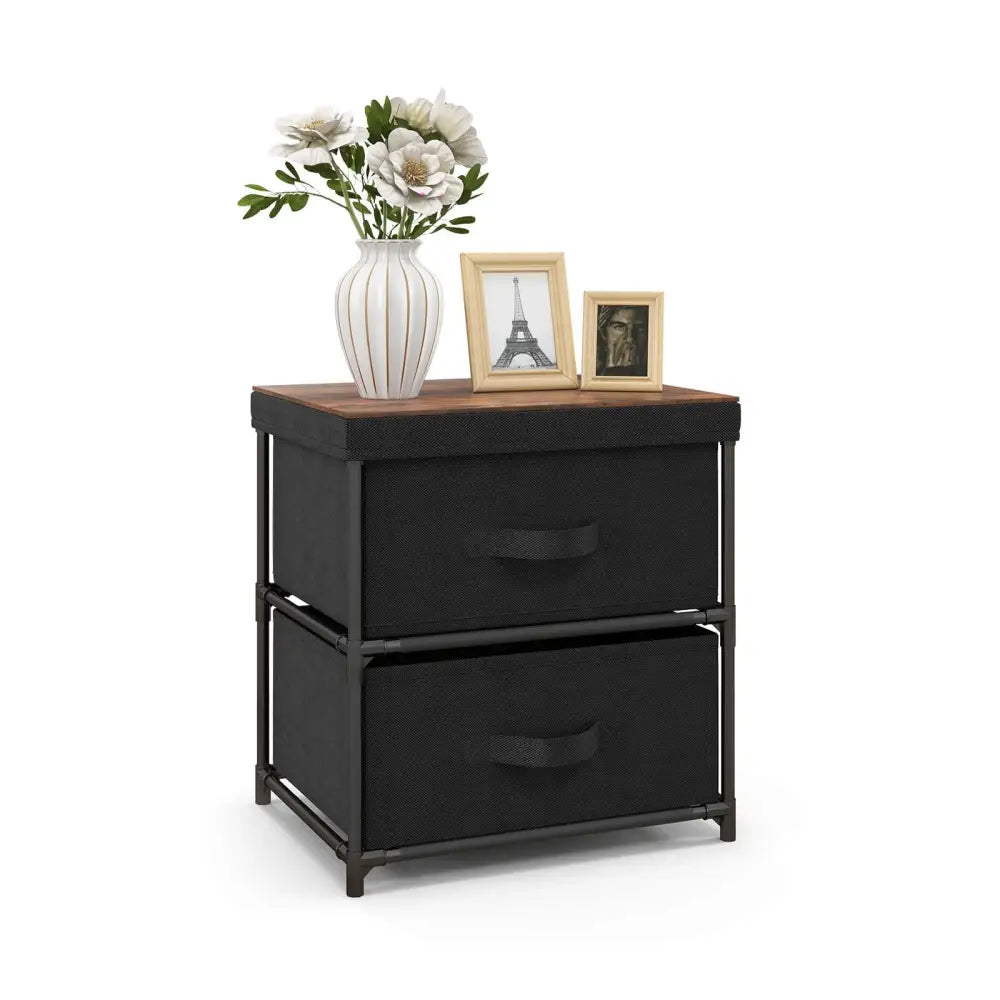 2-Drawer Nightstand with Removable Fabric Bins and Pull Handles-Black Costway