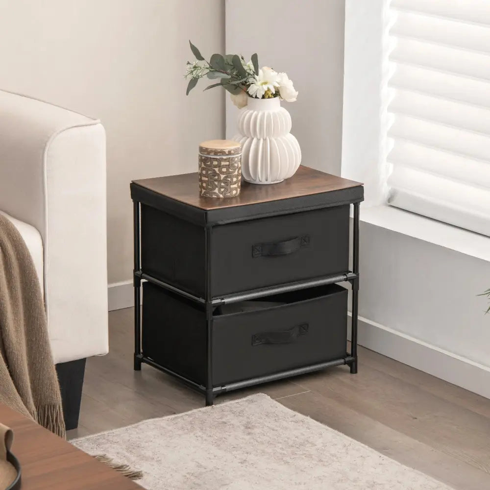 2-Drawer Nightstand with Removable Fabric Bins and Pull Handles Set of 2-Black Costway