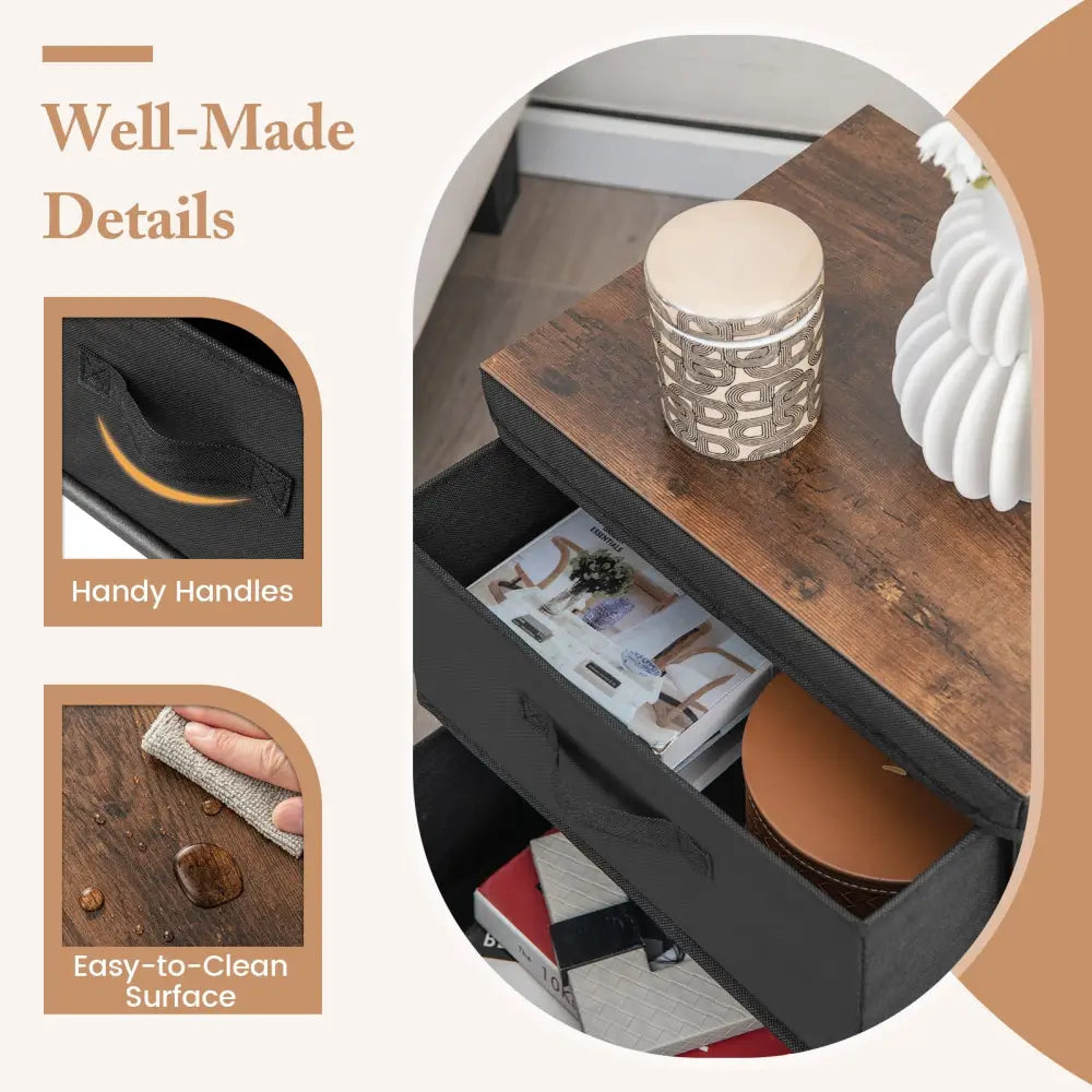 2-Drawer Nightstand with Removable Fabric Bins and Pull Handles Set of 2-Black Costway