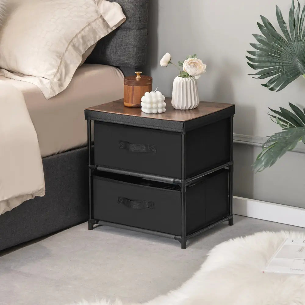 2-Drawer Nightstand with Removable Fabric Bins and Pull Handles Set of 2-Black Costway