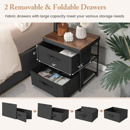 2-Drawer Nightstand with Removable Fabric Bins and Pull Handles Set of 2-Black Costway