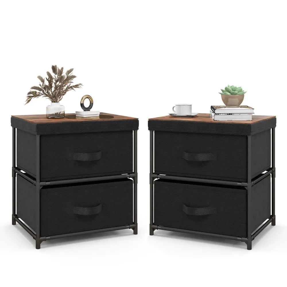 2-Drawer Nightstand with Removable Fabric Bins and Pull Handles Set of 2-Black Costway