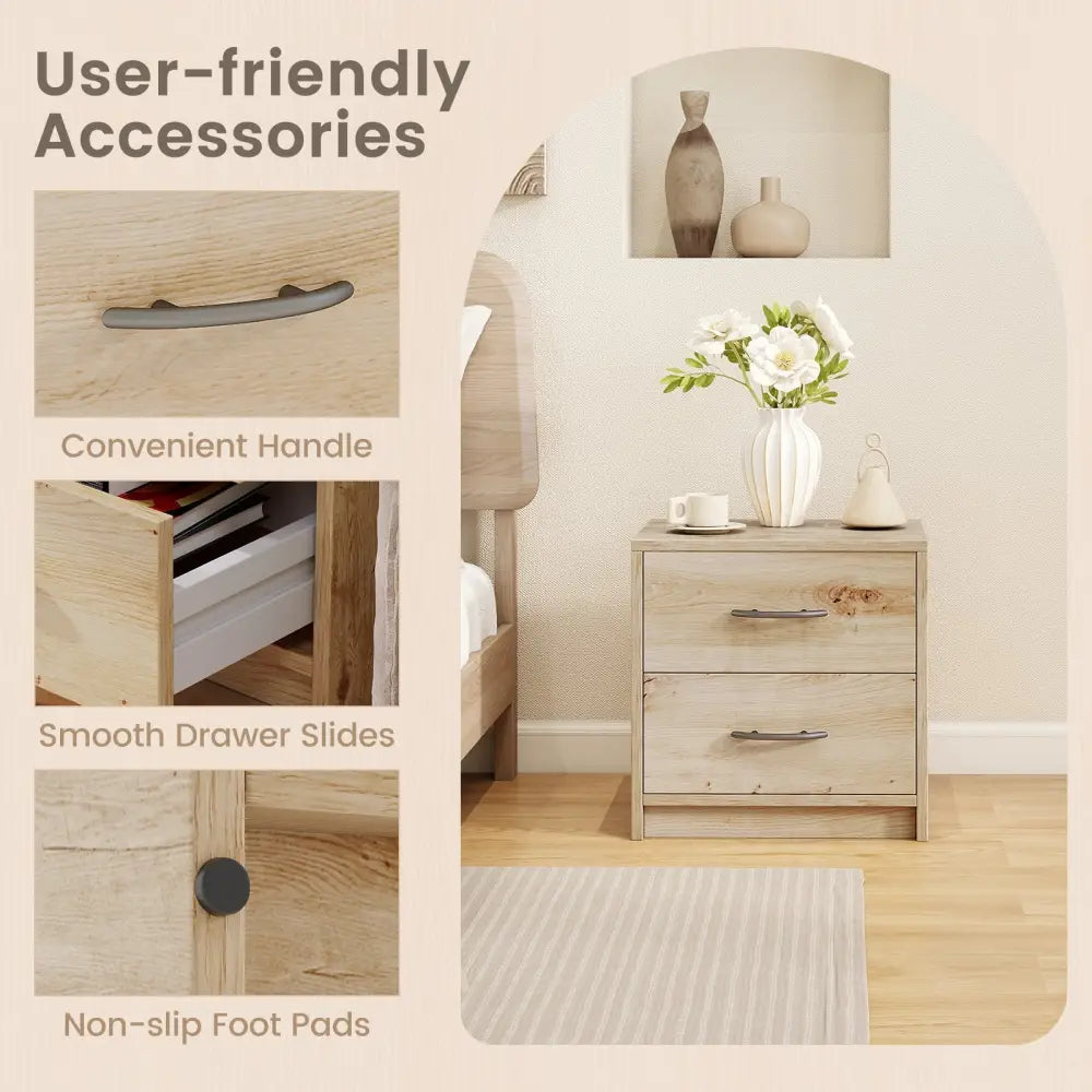 2 Drawer Nightstand with Storage for Living Room-Oak Costway