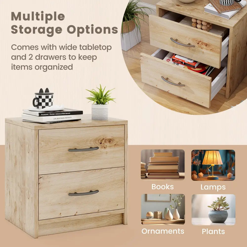 2 Drawer Nightstand with Storage for Living Room-Oak - Oak - Nightstands