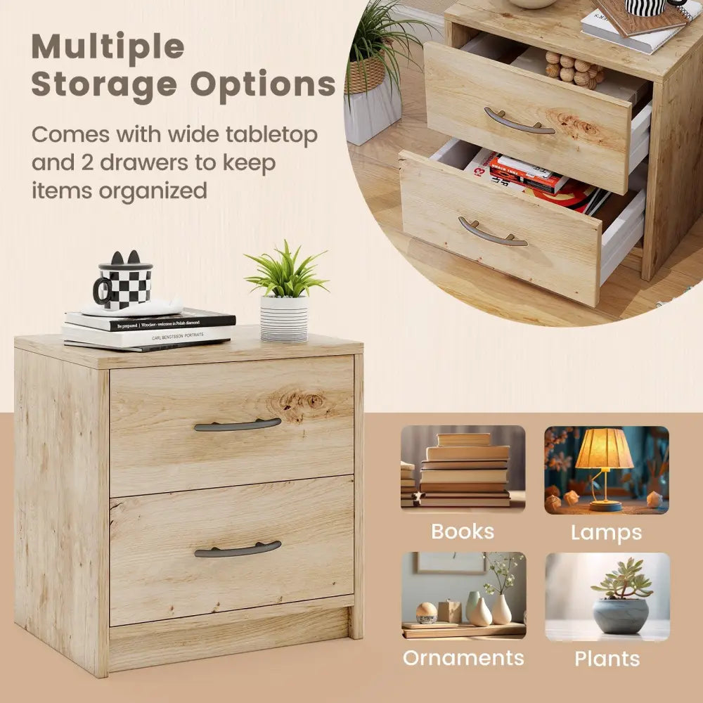 2 Drawer Nightstand with Storage for Living Room-Oak Costway