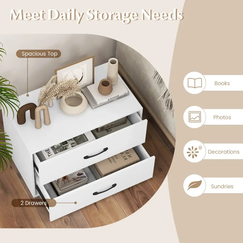 2-Drawer Stackable Horizontal Storage Cabinet Dresser Chest with Handles-White - White - Dressers & Chests
