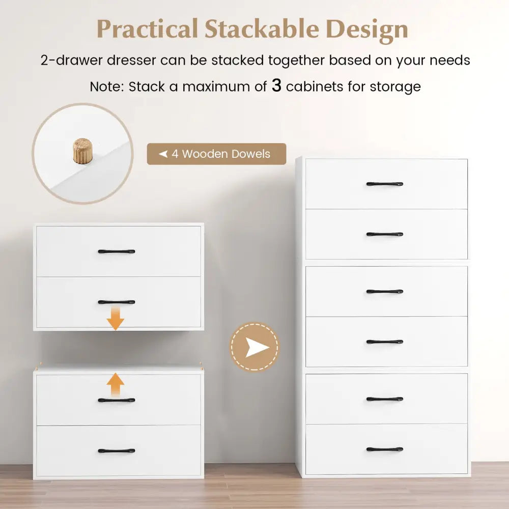 2-Drawer Stackable Horizontal Storage Cabinet Dresser Chest with Handles-White - White - Dressers & Chests