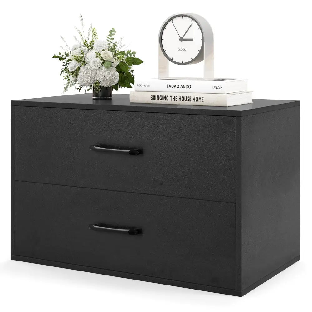 2-Drawer Stackable Horizontal Storage Cabinet Dresser Chest with Handles-Black - Black - Dressers & Chests