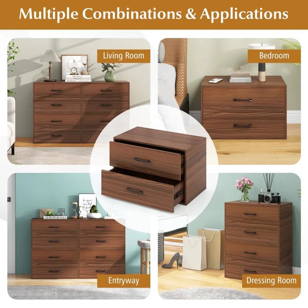 2-Drawer Stackable Horizontal Storage Cabinet Dresser Chest with Handles-Dark Brown Costway