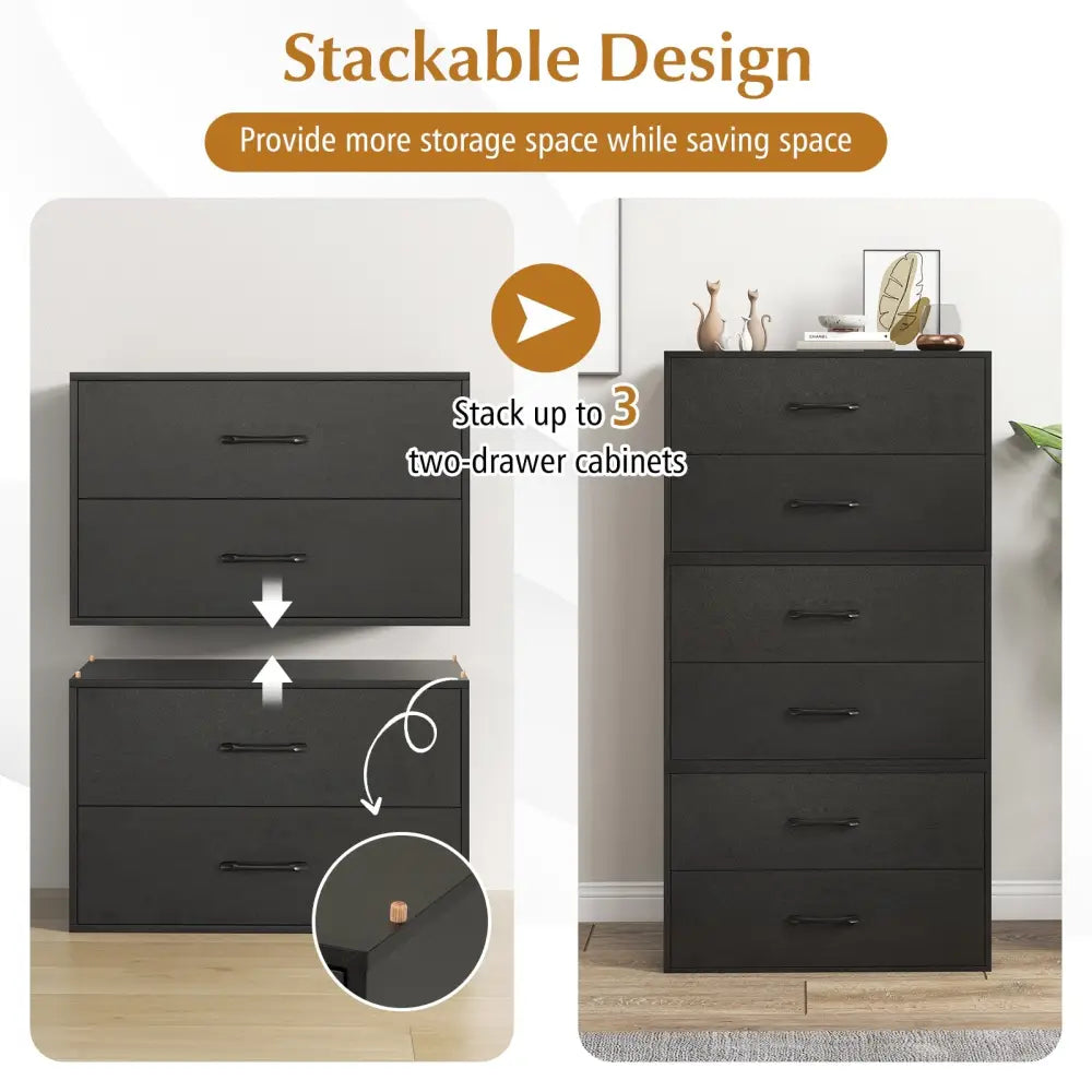 2-Drawer Stackable Horizontal Storage Cabinet Dresser Chest with Handles-Black - Black - Dressers & Chests