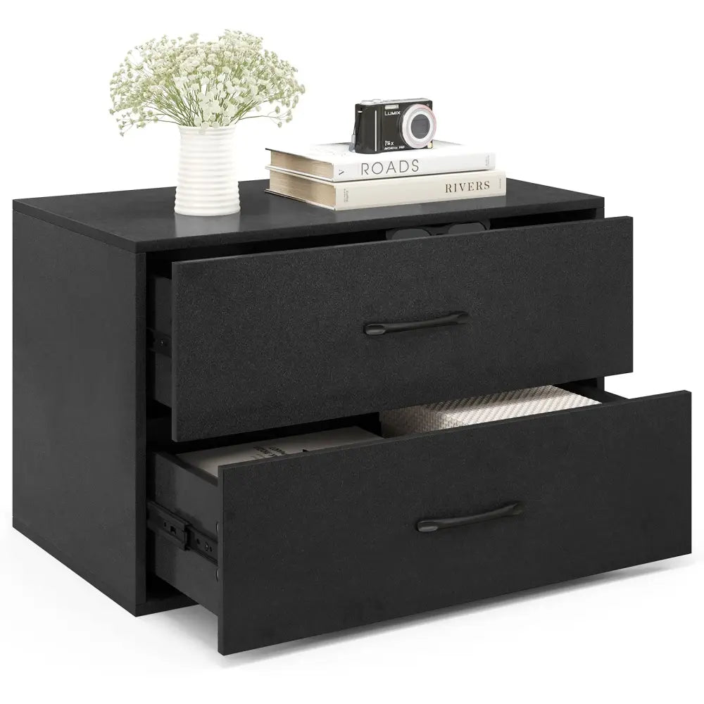 2-Drawer Stackable Horizontal Storage Cabinet Dresser Chest with Handles-Black - Black - Dressers & Chests