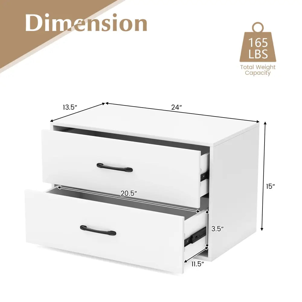 2-Drawer Stackable Horizontal Storage Cabinet Dresser Chest with Handles-White - White - Dressers & Chests