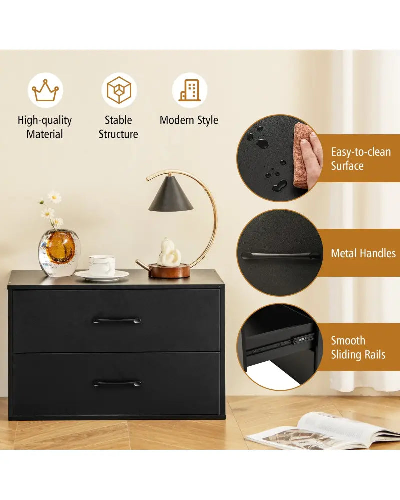 2-Drawer Stackable Horizontal Storage Cabinet Dresser Chest with Handles-Black - Black - Dressers & Chests