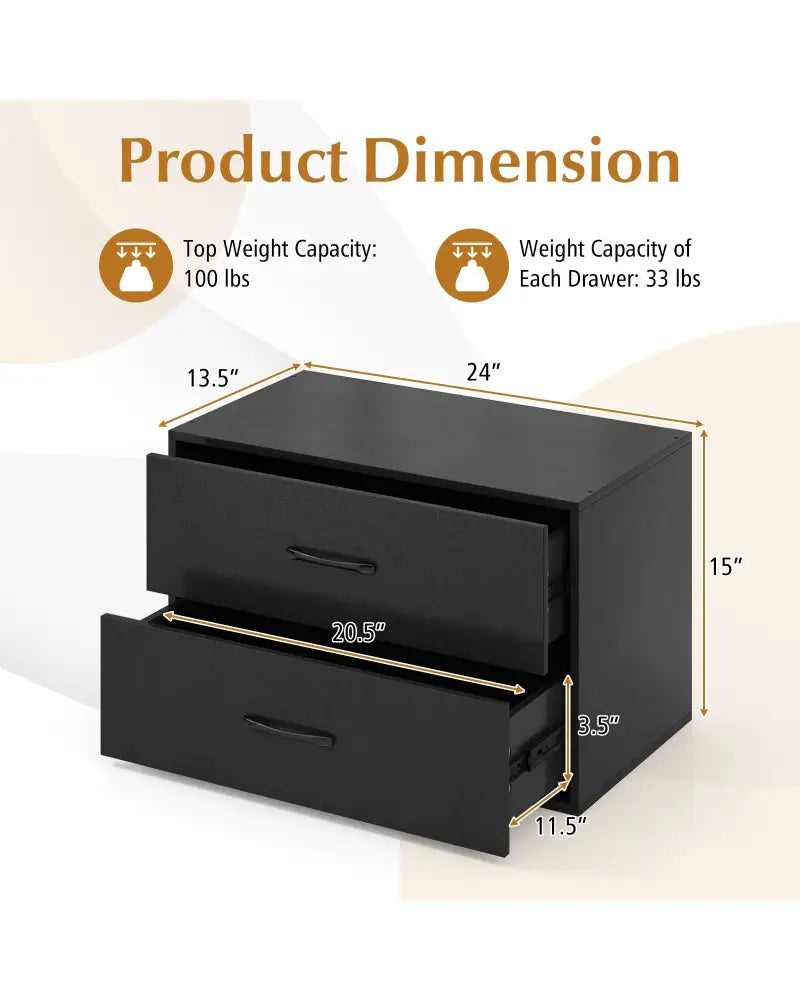 2-Drawer Stackable Horizontal Storage Cabinet Dresser Chest with Handles-Black - Black - Dressers & Chests