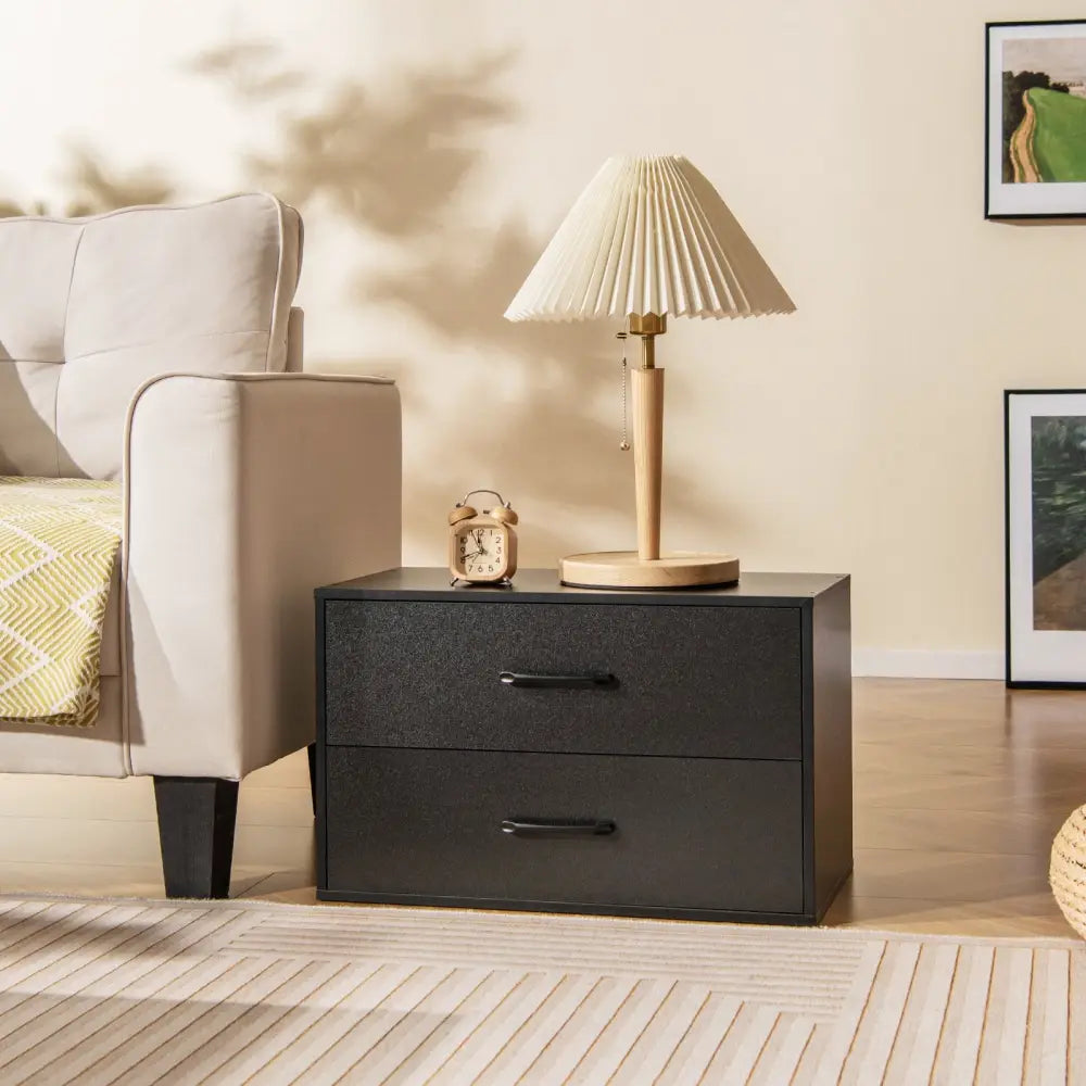 2-Drawer Stackable Horizontal Storage Cabinet Dresser Chest with Handles-Black - Black - Dressers & Chests
