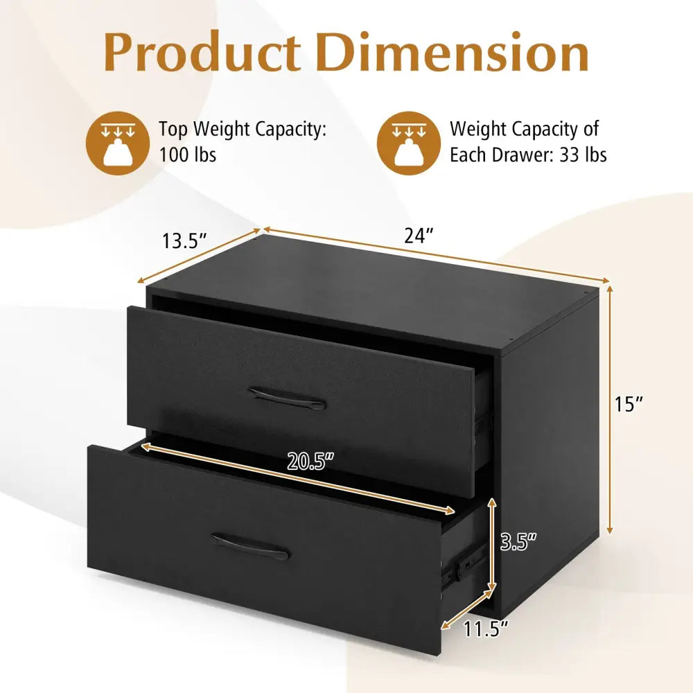 2-Drawer Stackable Horizontal Storage Cabinet Dresser Chest with Handles-Black - Black - Dressers & Chests