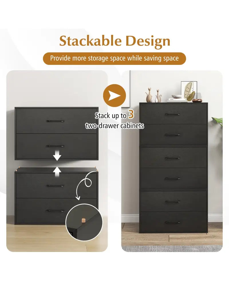 2-Drawer Stackable Horizontal Storage Cabinet Dresser Chest with Handles-Black - Black - Dressers & Chests