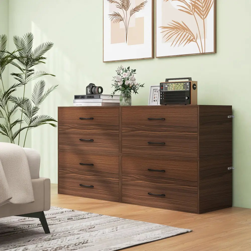 2-Drawer Stackable Horizontal Storage Cabinet Dresser Chest with Handles-Dark Brown Costway