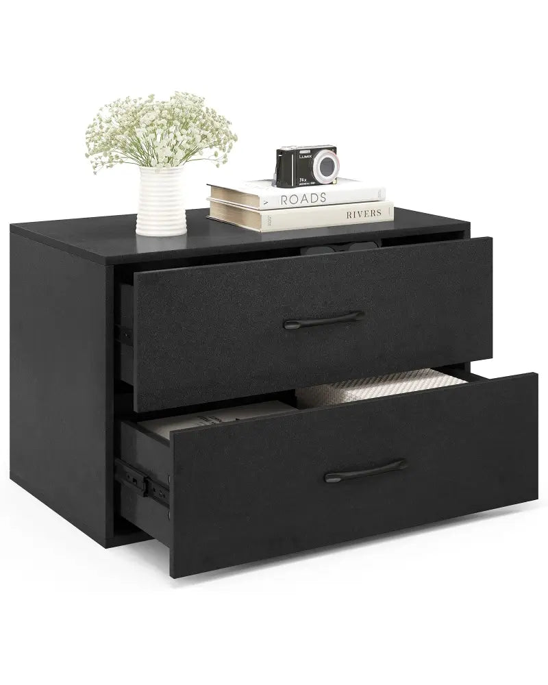 2-Drawer Stackable Horizontal Storage Cabinet Dresser Chest with Handles-Black - Black - Dressers & Chests