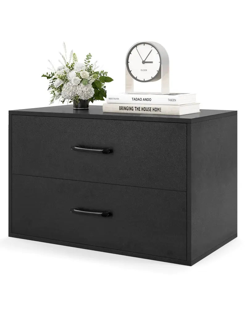 2-Drawer Stackable Horizontal Storage Cabinet Dresser Chest with Handles-Black - Black - Dressers & Chests
