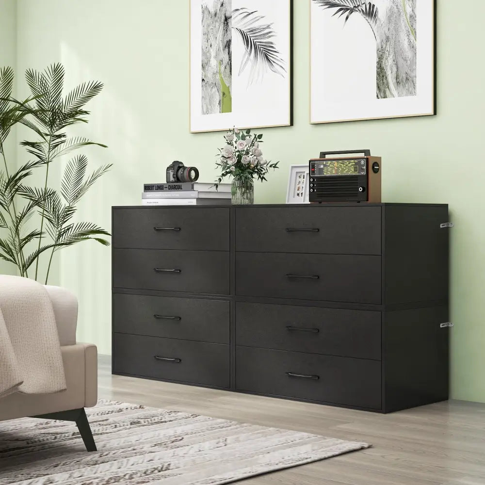 2-Drawer Stackable Horizontal Storage Cabinet Dresser Chest with Handles-Black - Black - Dressers & Chests