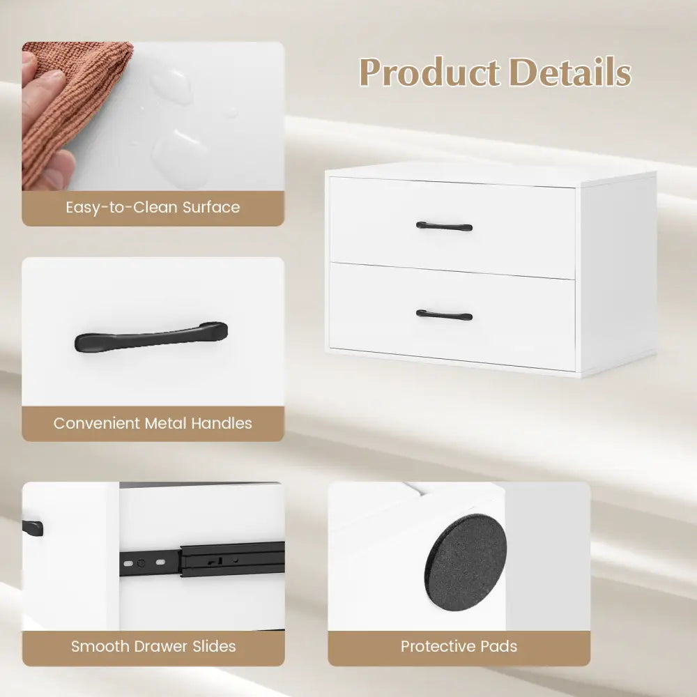 2-Drawer Stackable Horizontal Storage Cabinet Dresser Chest with Handles-White - White - Dressers & Chests