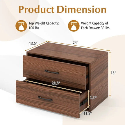 2-Drawer Stackable Horizontal Storage Cabinet Dresser Chest with Handles-Dark Brown Costway