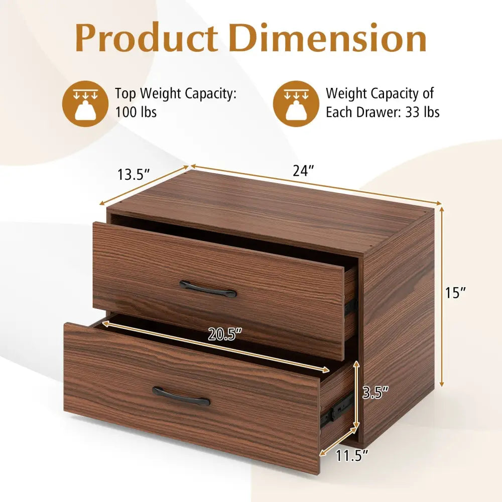 2-Drawer Stackable Horizontal Storage Cabinet Dresser Chest with Handles-Dark Brown Costway