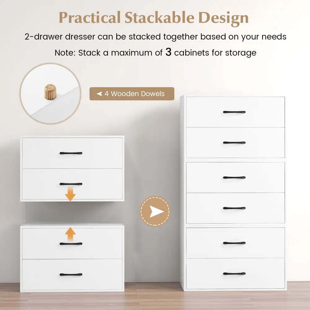 2-Drawer Stackable Horizontal Storage Cabinet Dresser Chest with Handles-White - White - Dressers & Chests