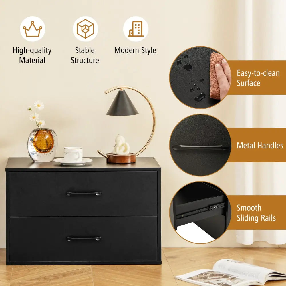 2-Drawer Stackable Horizontal Storage Cabinet Dresser Chest with Handles-Black - Black - Dressers & Chests