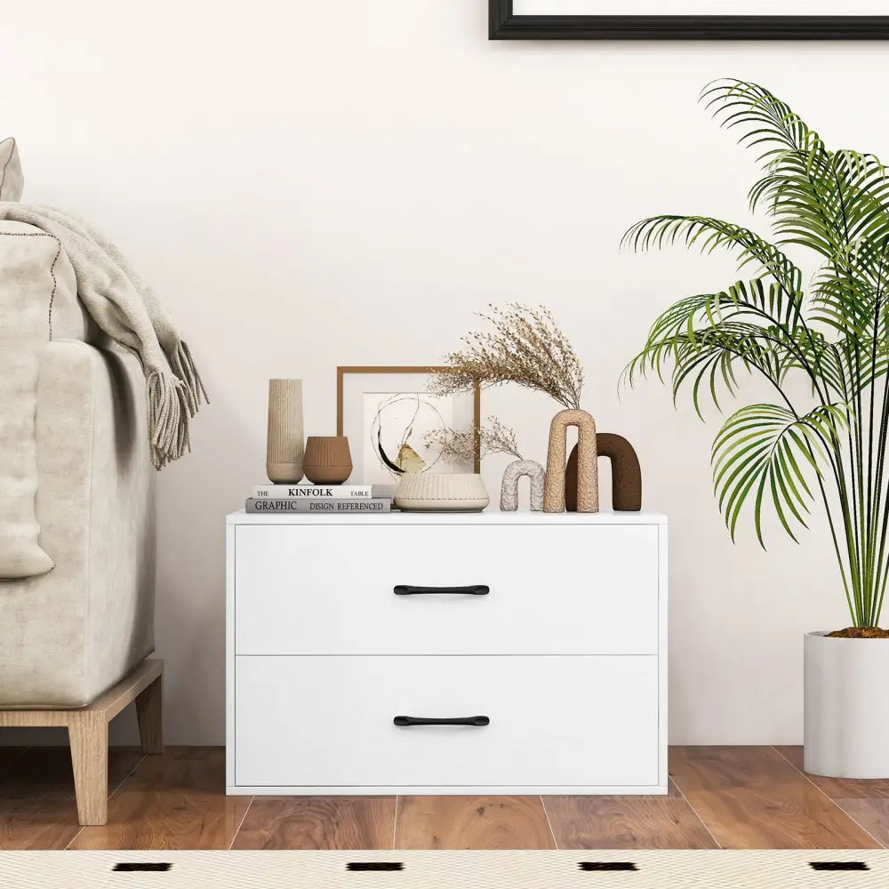 2-Drawer Stackable Horizontal Storage Cabinet Dresser Chest with Handles-White - White - Dressers & Chests