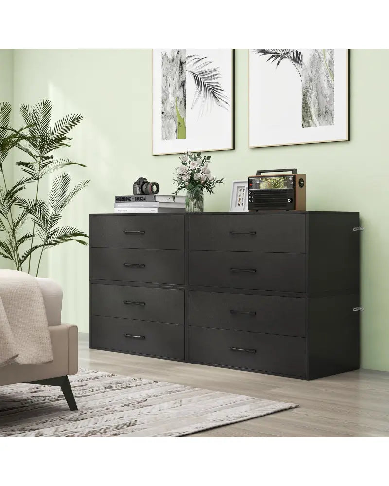 2-Drawer Stackable Horizontal Storage Cabinet Dresser Chest with Handles-Black - Black - Dressers & Chests