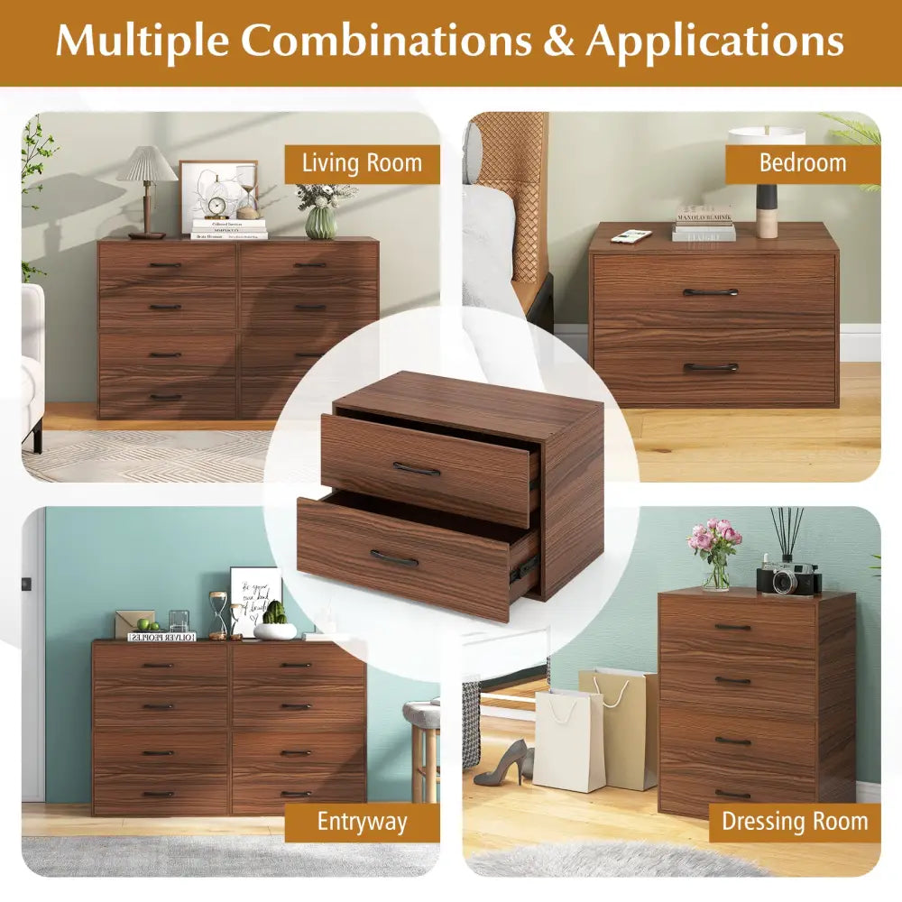 2-Drawer Stackable Horizontal Storage Cabinet Dresser Chest with Handles-Dark Brown - Dark Brown - Dressers & Chests