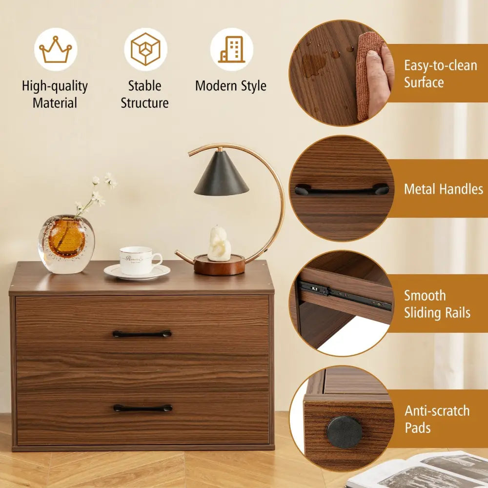 2-Drawer Stackable Horizontal Storage Cabinet Dresser Chest with Handles-Dark Brown Costway