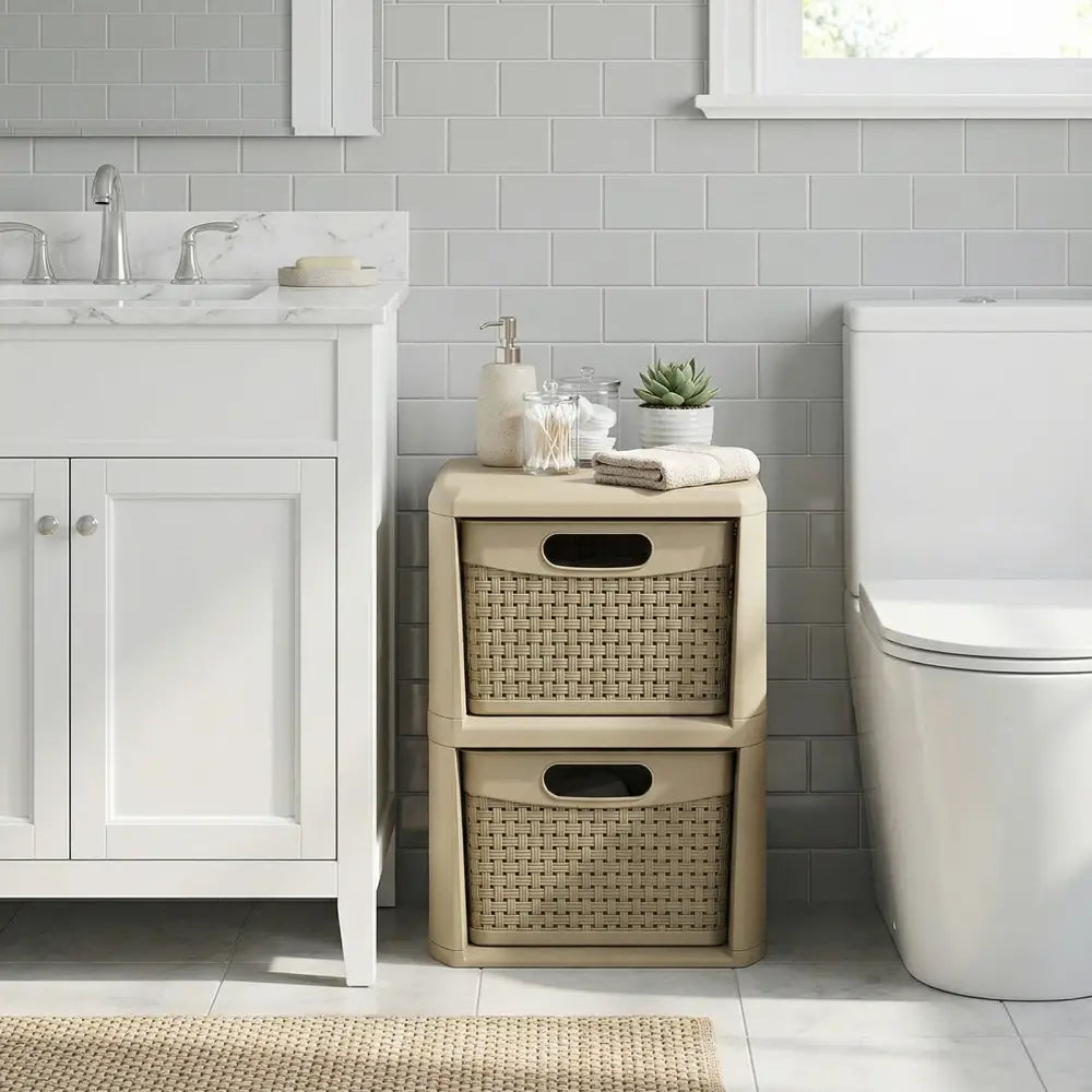 2-Drawer Storage Organizer with Wicker Patterns-Brown - Brown - Dressers & Chests