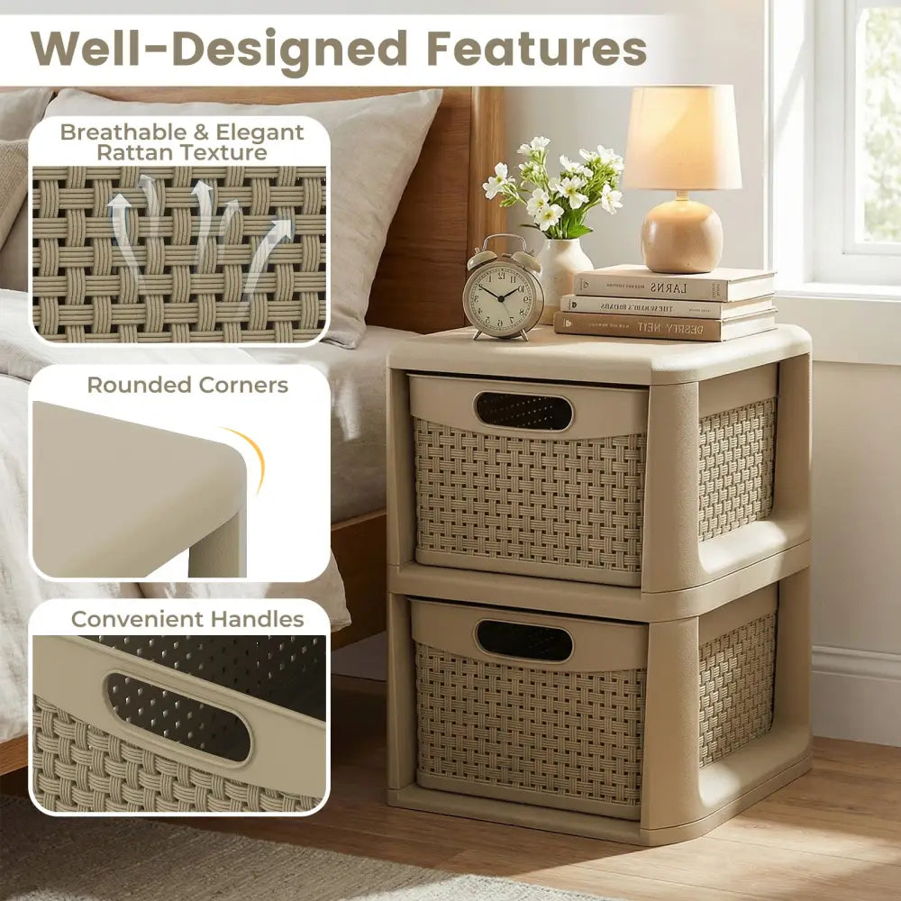 2-Drawer Storage Organizer with Wicker Patterns-Brown - Brown - Dressers & Chests