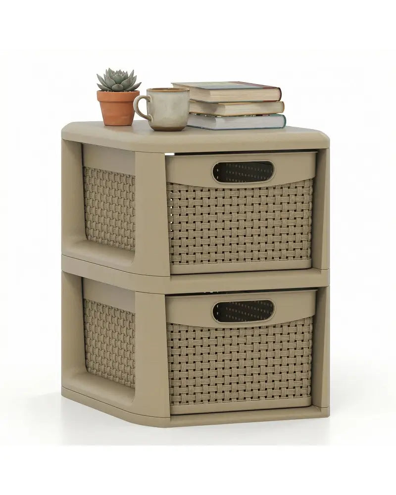 2-Drawer Storage Organizer with Wicker Patterns-Brown - Brown - Dressers & Chests