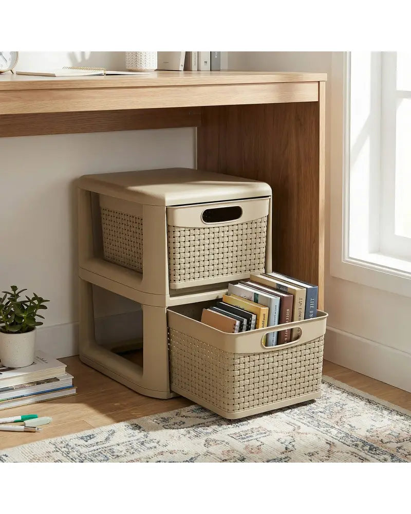 2-Drawer Storage Organizer with Wicker Patterns-Brown - Brown - Dressers & Chests