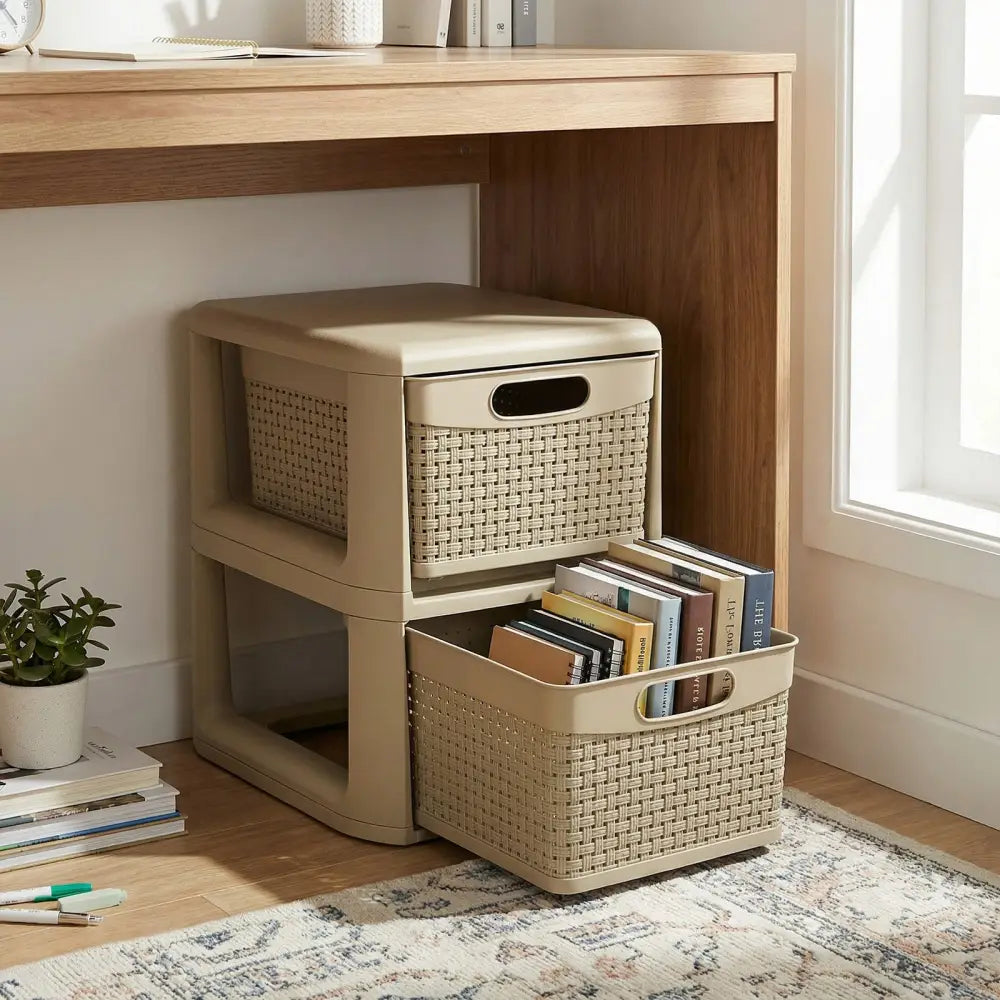 2-Drawer Storage Organizer with Wicker Patterns-Brown - Brown - Dressers & Chests