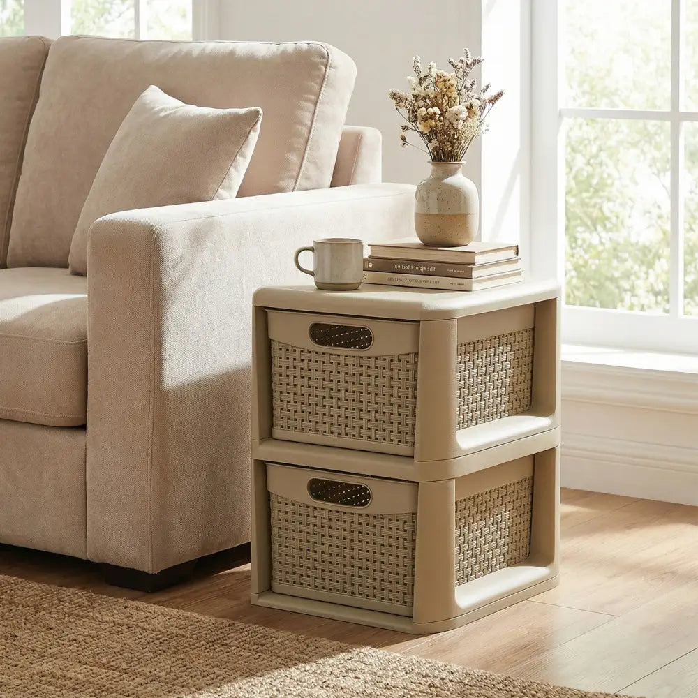 2-Drawer Storage Organizer with Wicker Patterns-Brown - Brown - Dressers & Chests