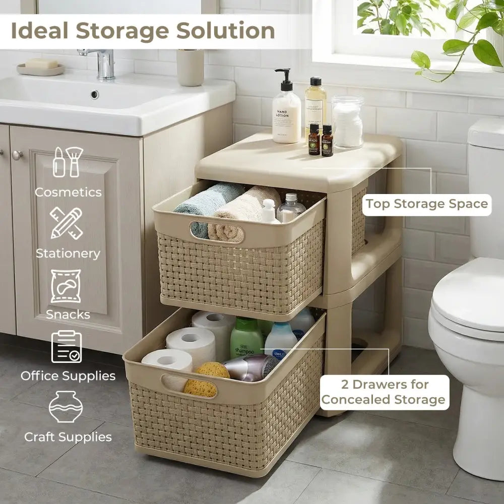 2-Drawer Storage Organizer with Wicker Patterns-Brown - Brown - Dressers & Chests