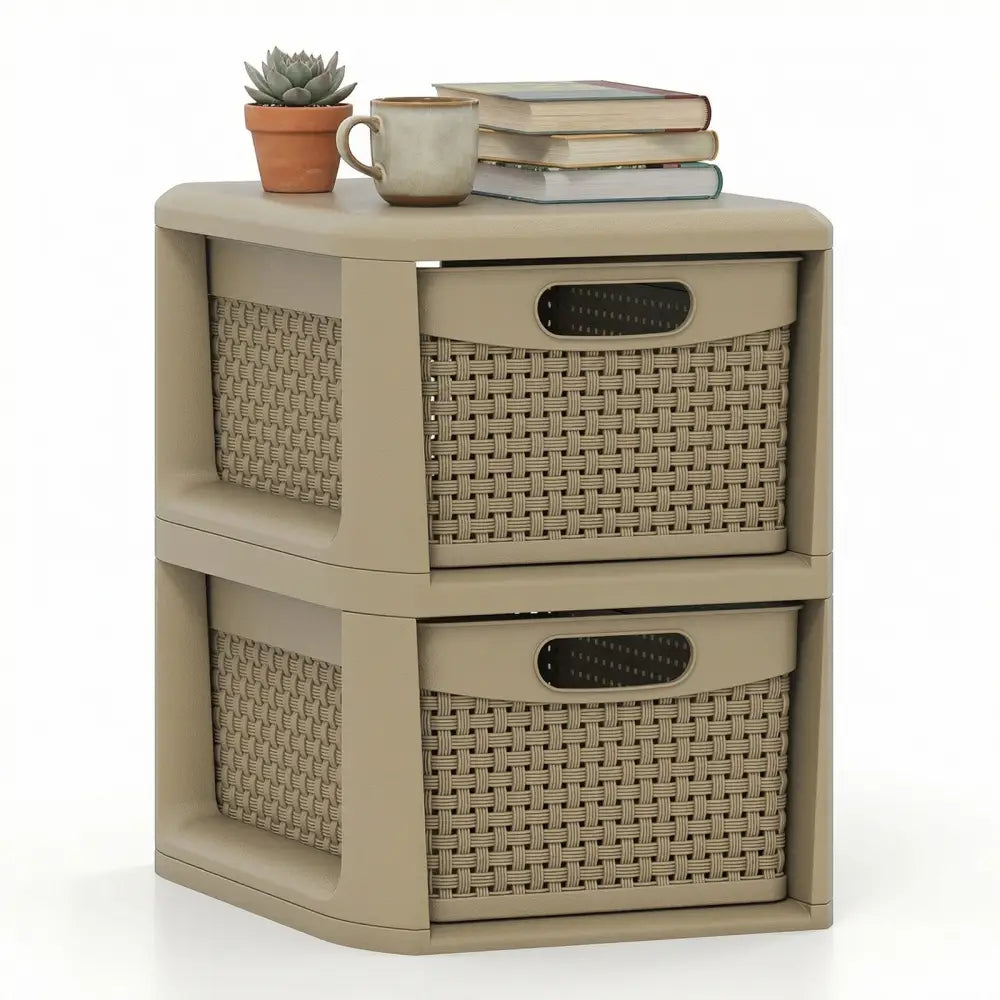 2-Drawer Storage Organizer with Wicker Patterns-Brown - Brown - Dressers & Chests