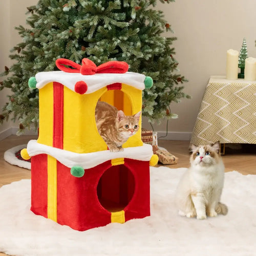 2 Gift Box Shaped Cute Christmas Cat House with Bow-Multicolor - Multicolor - Cat Houses