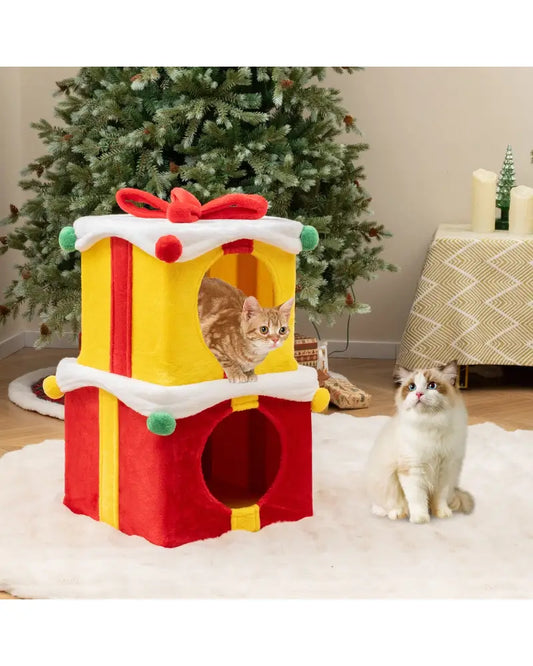 2 Gift Box Shaped Cute Christmas Cat House with Bow-Multicolor - Multicolor - Cat Houses